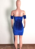 Blue Velvet Off Shoulder Short Sleeve Ruched Mini Dress