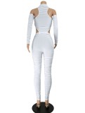 White Cut Out Long Sleeve Ruched Crop Top And High Waist Pant 2PCS Set