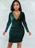 Green Velvet V-neck Ruched Long Sleeve Skinny Midi Dress