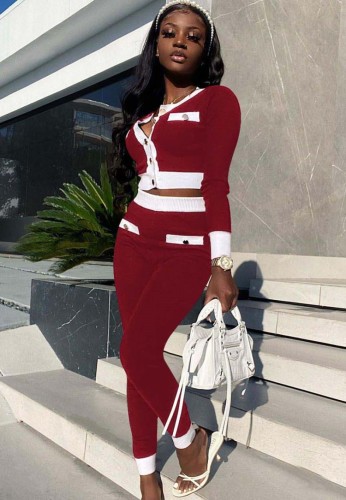 Red and White Contrast Button Up Long Sleeve Top And Pant 2PCS Set