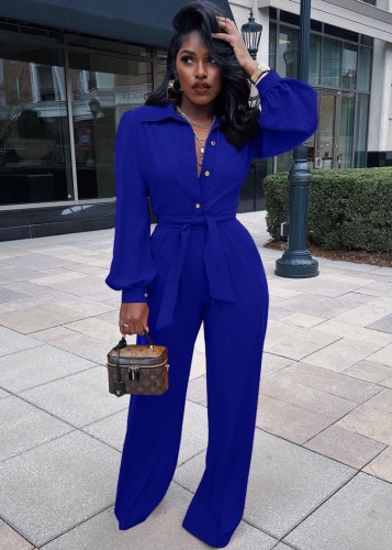 Blue Button Up Turndown Collar Long Sleeve Jumpsuit with Belt