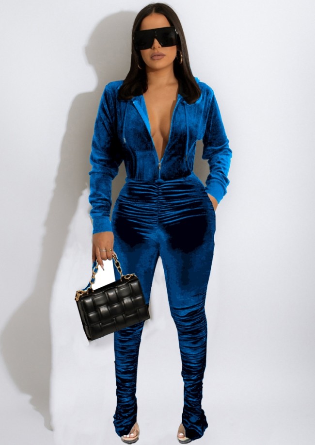 Blue Velvet Ruched Long Sleeves Drawstring Hoody Jumpsuit with Pocket