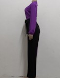 Purple and Black Contrast Button Long Sleeve Loose Jumpsuit With Belt