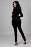 Black Velvet Zipper Up Turtleneck Long Sleeve Sheath Jumpsuit