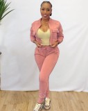 Pink Zip Up Long Sleeve Jacket with Pocket and Sweatpants 2PCS Set