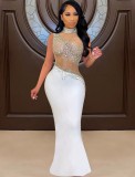 White Beaded Mesh Patch Sleeveless High Neck Maxi Dress