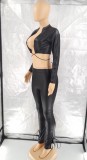 Black PU Leather Open Front Crop Top and High Waist Tight Pants 2PCS Set