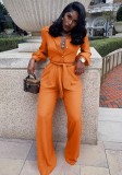 Orange Button Up Turndown Collar Long Sleeve Jumpsuit with Belt