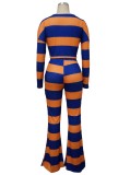 Blue and Orange Stripe Long Sleeve Top And Flare Pant 2PCS Set
