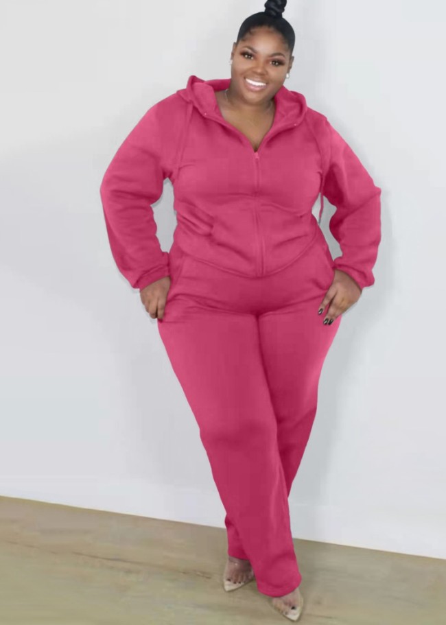 Plus Size Rose Long Sleeve Zip Drawstring Hoody Top and Sweatpants 2PCS Set