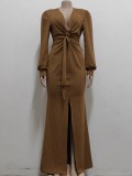 Brown Deep-V Long Sleeve Front Slit Tie Maxi Dress