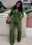 Green Button Up Turndown Collar Long Sleeve Jumpsuit with Belt