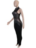 Black Mesh Patch Beaded Sleeveless High Neck Slinky Jumpsuit