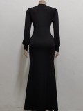 Black Deep-V Long Sleeve Front Slit Tie Maxi Dress