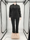 Plus Size Black Long Sleeve Zip Drawstring Hoody Top and Sweatpants 2PCS Set