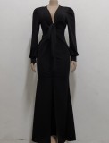 Black Deep-V Long Sleeve Front Slit Tie Maxi Dress