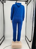 Plus Size Blue Long Sleeve Zip Drawstring Hoody Top and Sweatpants 2PCS Set