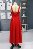 Red Sweetheart Collar Cami Long Pleated Dress