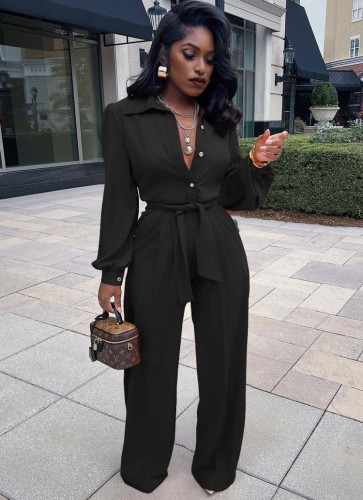 Black Button Up Turndown Collar Long Sleeve Jumpsuit with Belt