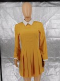 Yellow Turndown Collar Long Sleeve Mini Pleated Dress