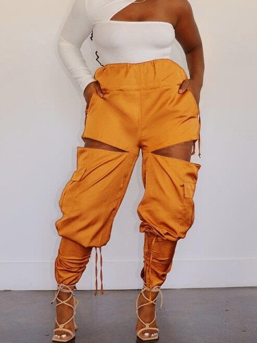 Orange Loose and Fitted Ripped Trousers with Pocket