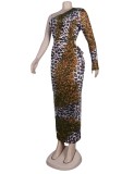 Leopard Print Single Shoulder One Sleeve Hole Maxi Skinny Dress