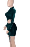 Green Velvet High Neck Long Sleeve Cut Out Ruched Skinny Mini Dress