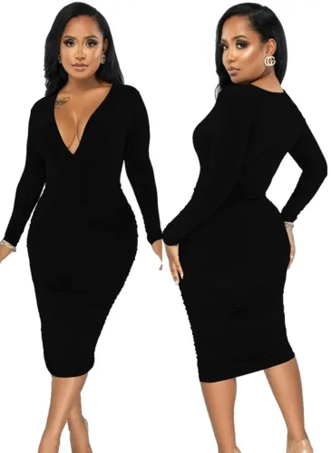 Black Deep-V Long Sleeve Bodycon Midi Dress