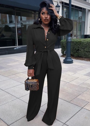 Black Button Up Turndown Collar Long Sleeve Jumpsuit with Belt