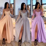 Pink Sequined Mesh Patched Long Sleeves Side Slit Pleated Maxi Dress