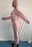 Pink Zipper Up Long Sleeve Drawstring Top and Pants with Pocket 2PCS Set