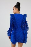 Blue O-Neck Long Sleeve Ruffles Edge Skinny Mini Dress
