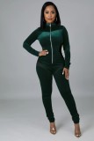 Green Velvet Zipper Up Turtleneck Long Sleeve Sheath Jumpsuit