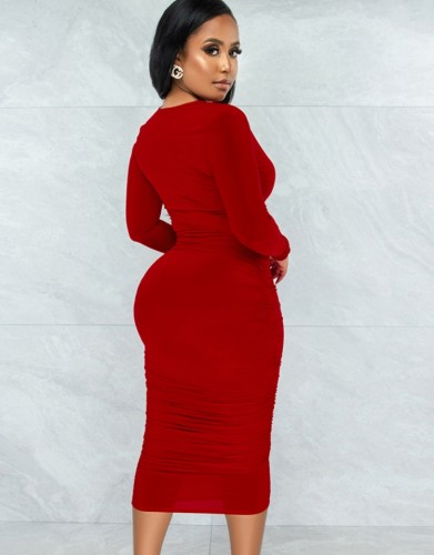 Red Deep-V Long Sleeve Bodycon Midi Dress