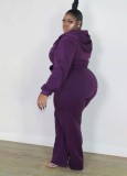 Plus Size Purple Long Sleeve Zip Drawstring Hoody Top and Sweatpants 2PCS Set