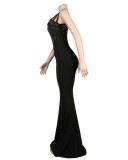 Black Beaded V-Neck Hollow Out Sleeveless Slim Fit Mermaid Maxi Dress
