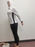 White and Black Contrast Zip Up Long Sleeve Hoody Top and Pants 2PCS Set