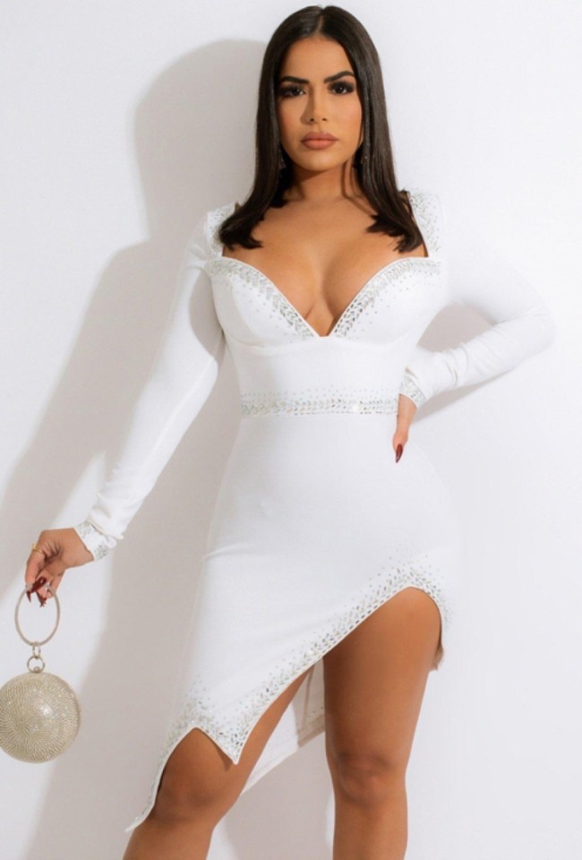 White Beaded  Long Sleeves Irregular Slim Fit Midi Dress