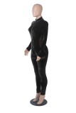 Black Velvet Zipper Up Turtleneck Long Sleeve Sheath Jumpsuit