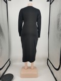 Plus Szie Black Solid Ruched Long Sleeve Asymmetric Long Dress