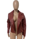 Red Pu Leather Zipper Open Long Sleeve Jacket with Pocket