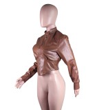 Trendy Brown Leather Long Sleeves Zipped Up Bustier Jacket