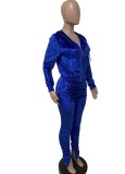 Blue Velvet Ruched Long Sleeves Drawstring Hoody Jumpsuit with Pocket