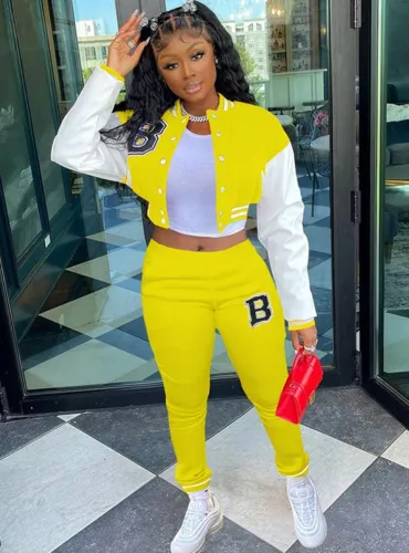 Letter Print Yellow Long Sleeve Short Baseball Jacket and Sweatpants 2PCS Set