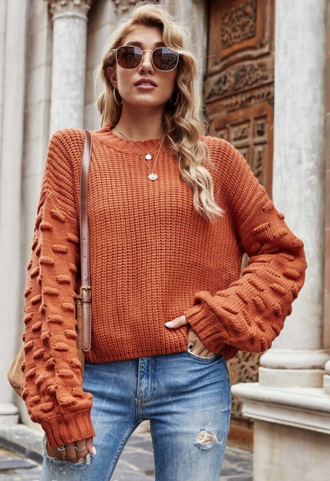 Orange O-Neck Drop Shoulder Long Sleeve Loose Pullover Sweater