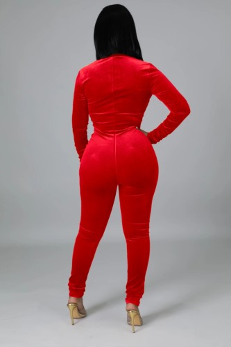 Red Velvet Zipper Up Turtleneck Long Sleeve Sheath Jumpsuit
