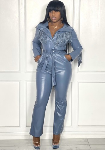 Blue Leather Turndown Collar Button Up Fringe Jumpsuit with Belt