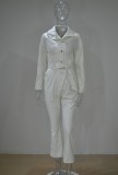 White Leather Turndown Collar Button Up Fringe Jumpsuit with Belt