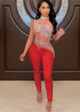 Red Mesh Patch Beaded Sleeveless High Neck Slinky Jumpsuit