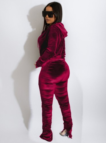 Red Velvet Ruched Long Sleeves Drawstring Hoody Jumpsuit with Pocket